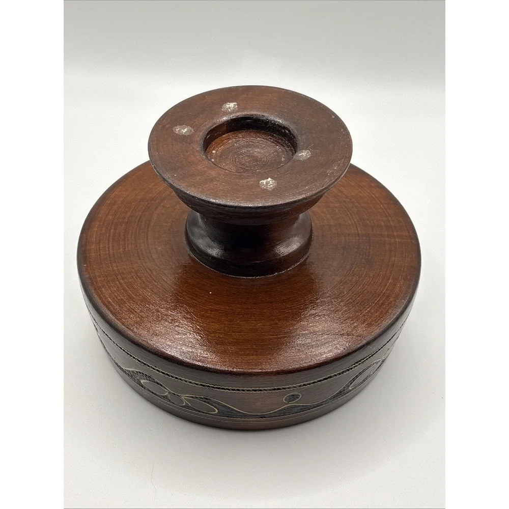 Hand Carved Wooden Pedistal Bowl With Metal Inlay